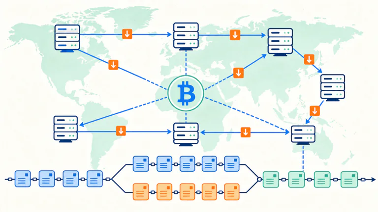 Editorial illustration: open-source update propagating through global Bitcoin nodes.