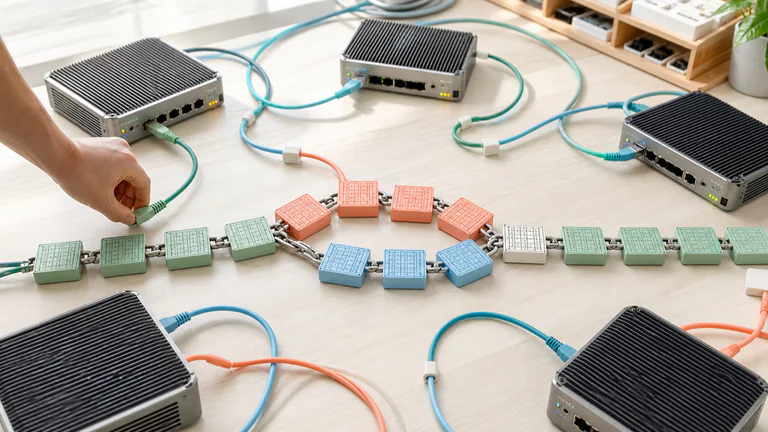Editorial illustration: physical nodes, cables and chain fork/rejoin; intentionally no Bitcoin mark.