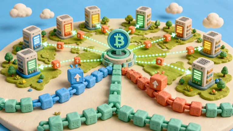 Editorial illustration: colorful global node city receiving a Bitcoin protocol update.