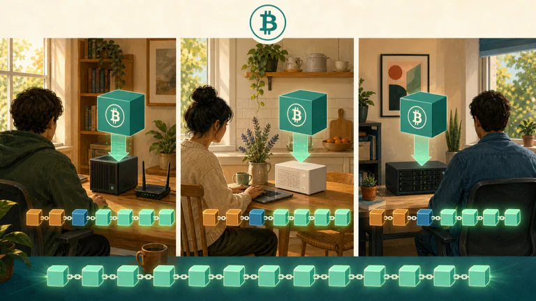 Editorial illustration: Three anonymous home and small-office node operators in different places receive the same Bitcoin software upgrade and converge on one chain state.