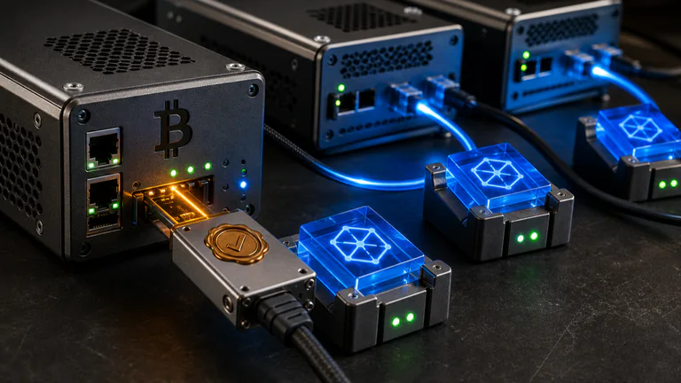 Editorial illustration: A physical Bitcoin node receives a signed firmware/software update while adjacent node devices verify the same block, with a correct Bitcoin mark and no people-facing-screen composition.
