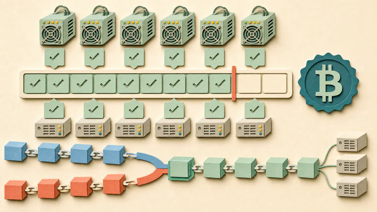 Editorial illustration: A Bitcoin soft-fork activation threshold builds across miners and nodes until two colored chain paths merge into one accepted chain.