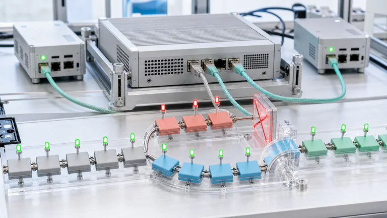 Editorial illustration: An unbranded node under test, peer cables, physical block tiles, verification lights and a fork/rejoin jig.