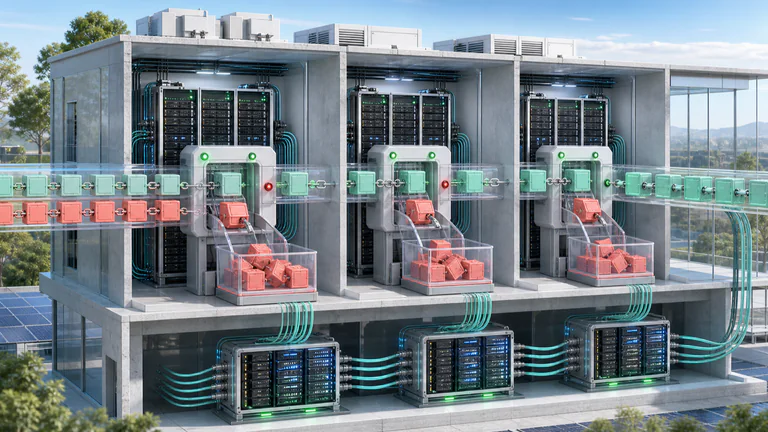 Editorial illustration: A peer-to-peer blockchain validation lab with racks of independent nodes checking and rejecting conflicting blocks before settling on one chain.