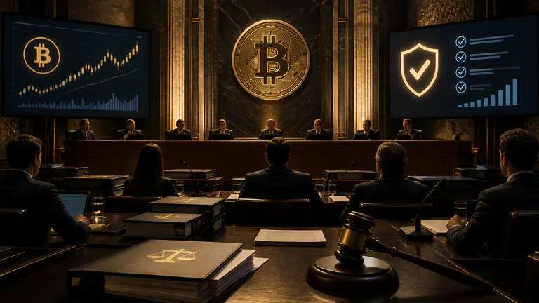 Editorial illustration: Legal and compliance hearing setting with Bitcoin under review, government columns, documents, a gavel and anonymous officials or lawyers.