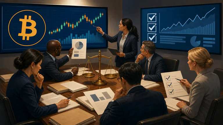 Editorial illustration: Regulators review crypto-market rules around a prominent Bitcoin symbol and compliance screens.