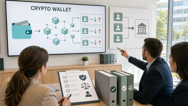 Editorial illustration: crypto wallet/transaction review, rulebooks and checklists; intentionally no Bitcoin mark.
