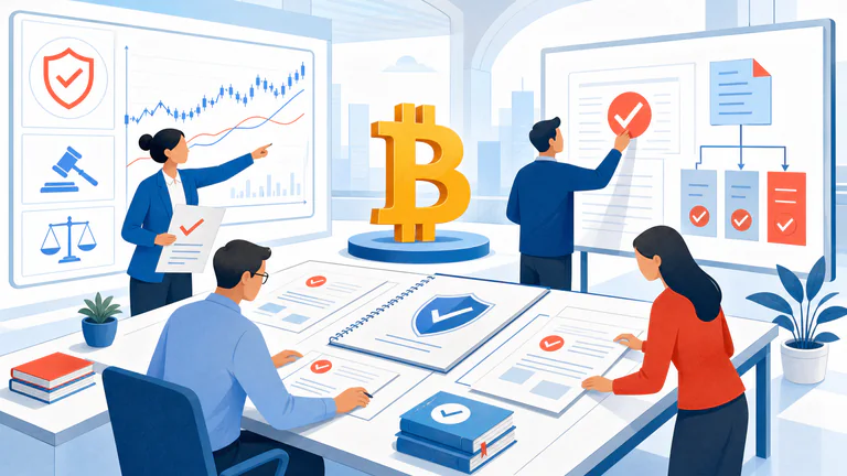 Editorial illustration: regulators and compliance staff governing Bitcoin markets.