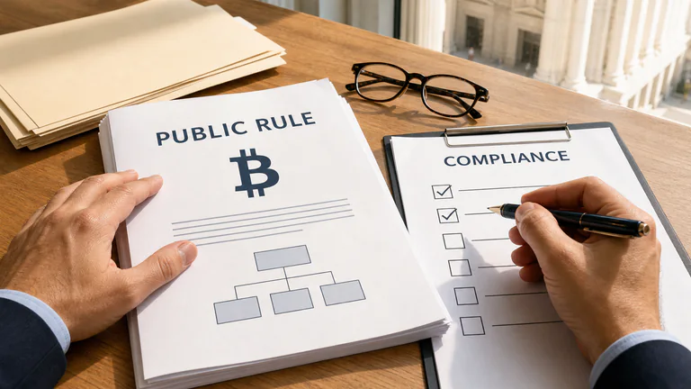 Editorial illustration: public-rule documents, compliance checklist, Bitcoin and government office context.