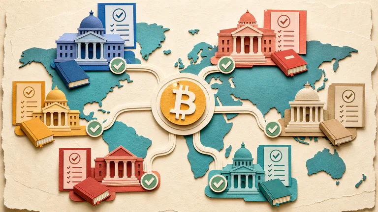 Editorial illustration: jurisdictions, government buildings, rulebooks and Bitcoin.