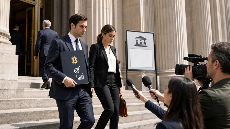 Editorial illustration: Anonymous lawyers and reporters outside a generic courthouse or legislature carrying a Bitcoin market-rules folder, with columns and public-hearing context.