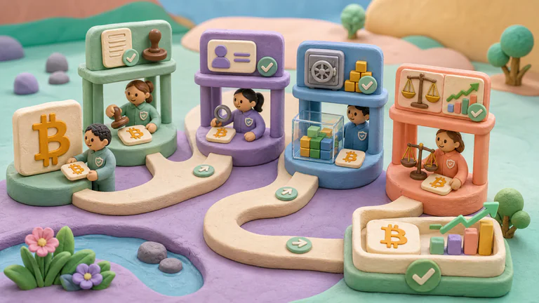Editorial illustration: A Bitcoin transaction moves through a literal sequence of licensing, identity, reserve and market-conduct checkpoints staffed by small stylized compliance figures.