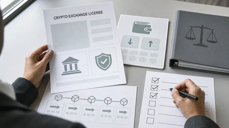 Editorial illustration: A compliance officer reviews an unbranded crypto exchange license, wallet transaction trail and approval checklist.