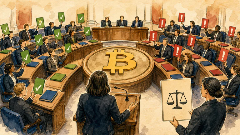 Editorial illustration: A legislative chamber debates Bitcoin market rules, with a correct Bitcoin symbol at the center, public testimony, rule documents and opposing approval/concern positions.