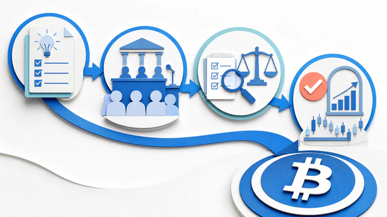 Editorial illustration: A clear rulemaking path—proposal, public hearing, compliance review and market approval—surrounds a correct Bitcoin symbol.