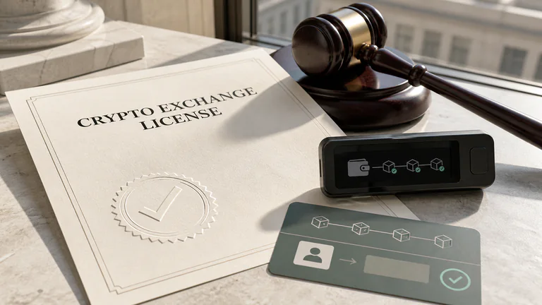 Editorial illustration: A generic crypto exchange license, embossed approval seal, gavel, hardware wallet and blockchain transaction card.