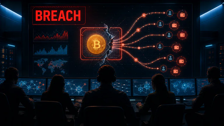 Editorial illustration: Crypto incident-response scene with a breached wallet or exchange account, diverted Bitcoin funds and analysts tracing the attack.