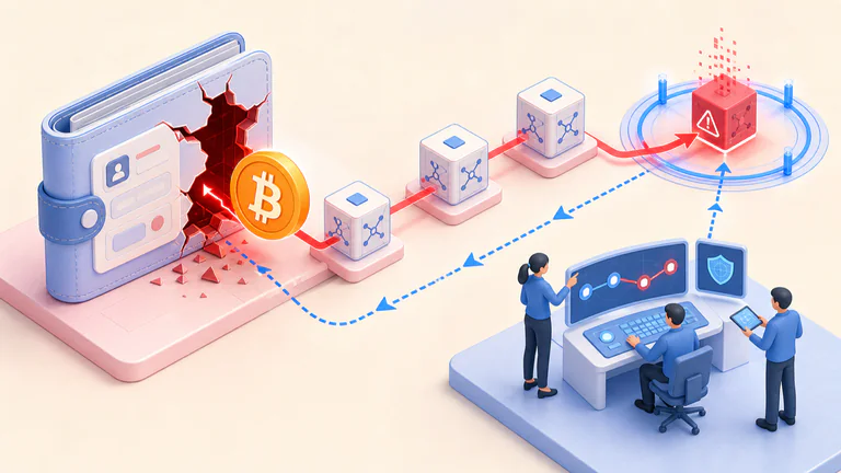 Editorial illustration: Bitcoin funds escaping a wallet and being traced.