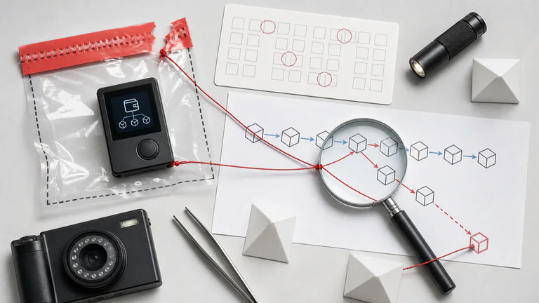 Editorial illustration: hardware wallet and suspicious transaction graph; intentionally no Bitcoin mark.