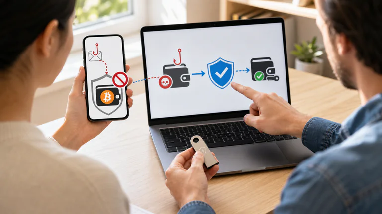 Editorial illustration: A user and support analyst stop a wallet-phishing takeover on a phone and laptop, with a correct Bitcoin balance, blocked attacker path and recovery action visible.