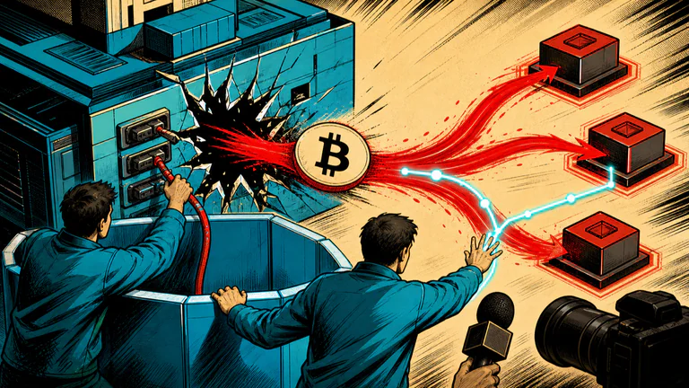 Editorial illustration: An exchange exploit diverts Bitcoin through a broken API/security boundary while defenders isolate the vulnerable service and trace funds.