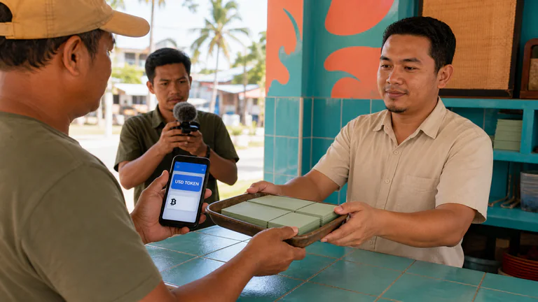 Editorial illustration: A remittance shop settles a dollar-token transfer: a clerk receives cash reserves, a customer's phone shows a USD TOKEN wallet, and a small Bitcoin option sits beside the token rail while a local business reporter records the transaction.