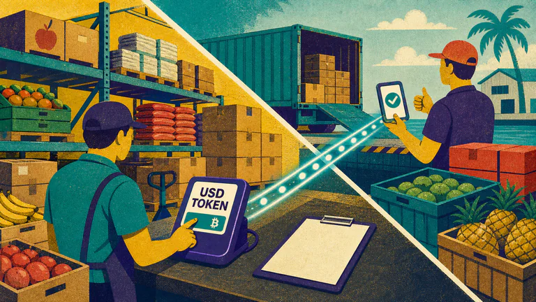 Editorial illustration: A grocery wholesaler pays an overseas supplier with a dollar token while a Bitcoin price option remains visible on the settlement terminal; invoice, inventory and confirmation form one clear commerce story.