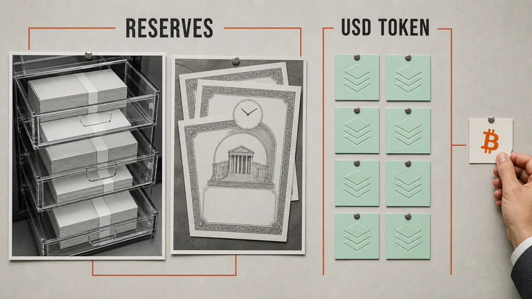 Editorial illustration: An investigative finance spread compares cash reserves, short-term government paper, token circulation and a small Bitcoin market benchmark using clipped audit photographs and clean stamped shapes.