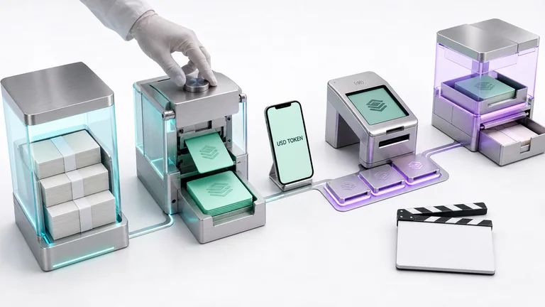 Editorial illustration: A clean payment-operations bench demonstrates a stablecoin lifecycle: reserve deposit cartridge, mint module, phone wallet, merchant settlement terminal and redemption tray, with an editor's camera slate nearby.