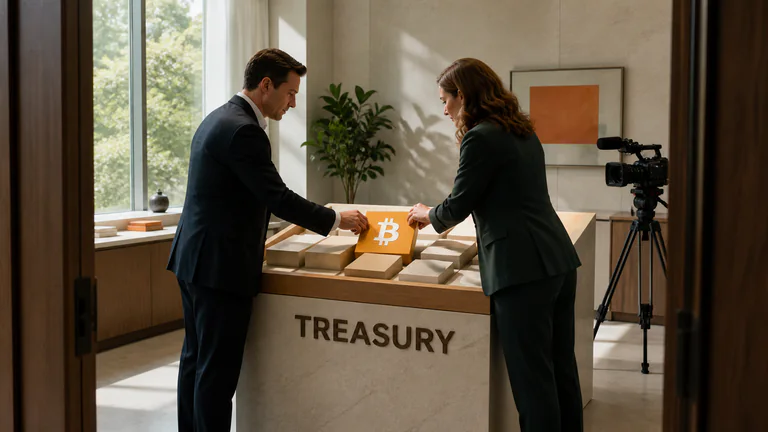 Editorial illustration: A corporate treasurer and CFO stand beside a sunlit window, physically moving a single Bitcoin reserve tile into a company cash-allocation model before an earnings briefing.