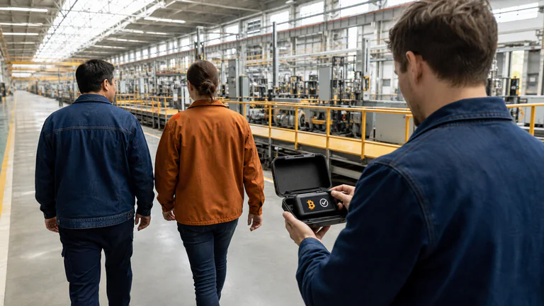 Editorial illustration: A factory finance team walks the production floor while an operations manager approves a Bitcoin treasury transfer on a handheld signer carried in a protective case.