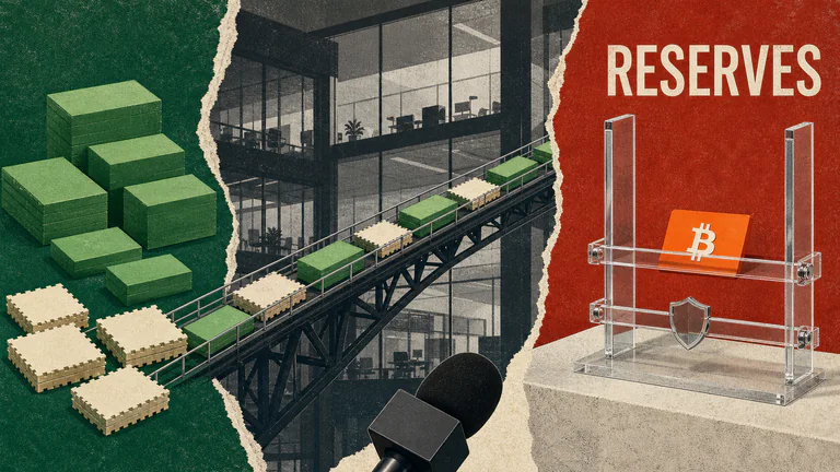 Editorial illustration: A bold split-page editorial shows incoming customer cash and bond coupons on one side, a corporate treasury bridge in the middle, and secured Bitcoin reserves on the other, with a reporter's microphone entering from the bottom edge.