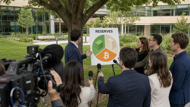 Editorial illustration: A treasurer addresses an outdoor company-campus press huddle after a reserve decision; a portable easel shows cash, bonds, and a clearly marked Bitcoin reserve slice.