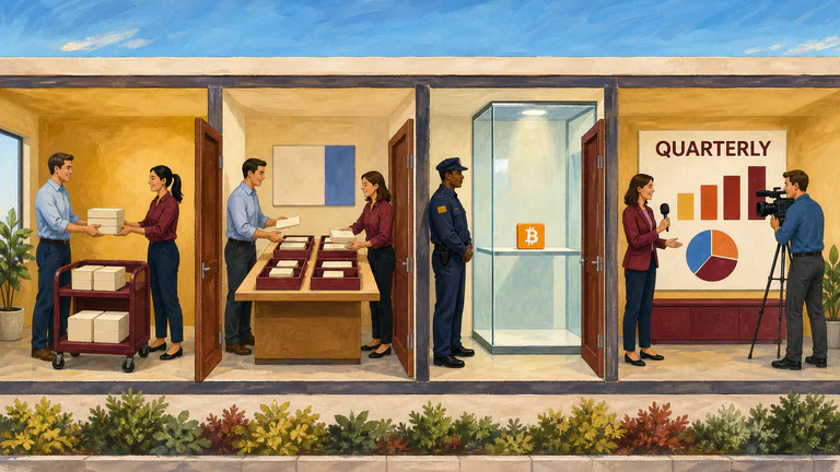 Editorial illustration: A hand-painted newsroom cutaway follows one company's quarterly cash from sales ledger to treasury decision, then into a guarded Bitcoin reserve and finally into a public financial report.